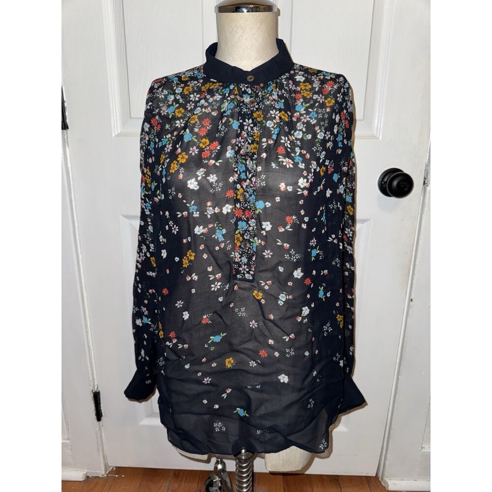 Megan Park Women’s Floral Blouse Size 1 US6 Blue Sheer Button